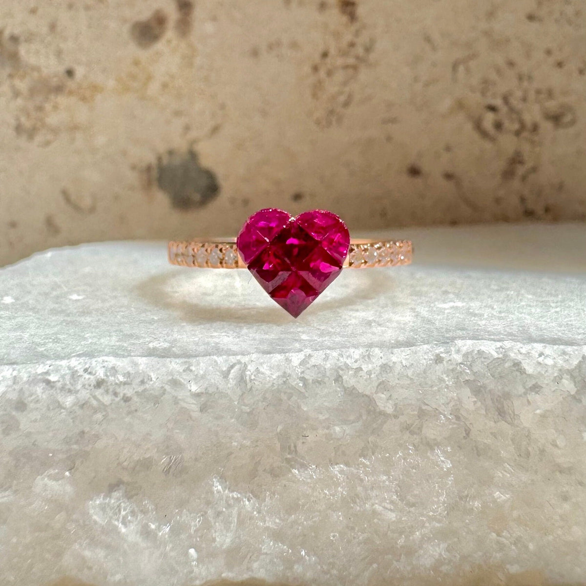 Genuine Ruby and Diamond Pavè Heart Ring｜18k Rose / White Gold