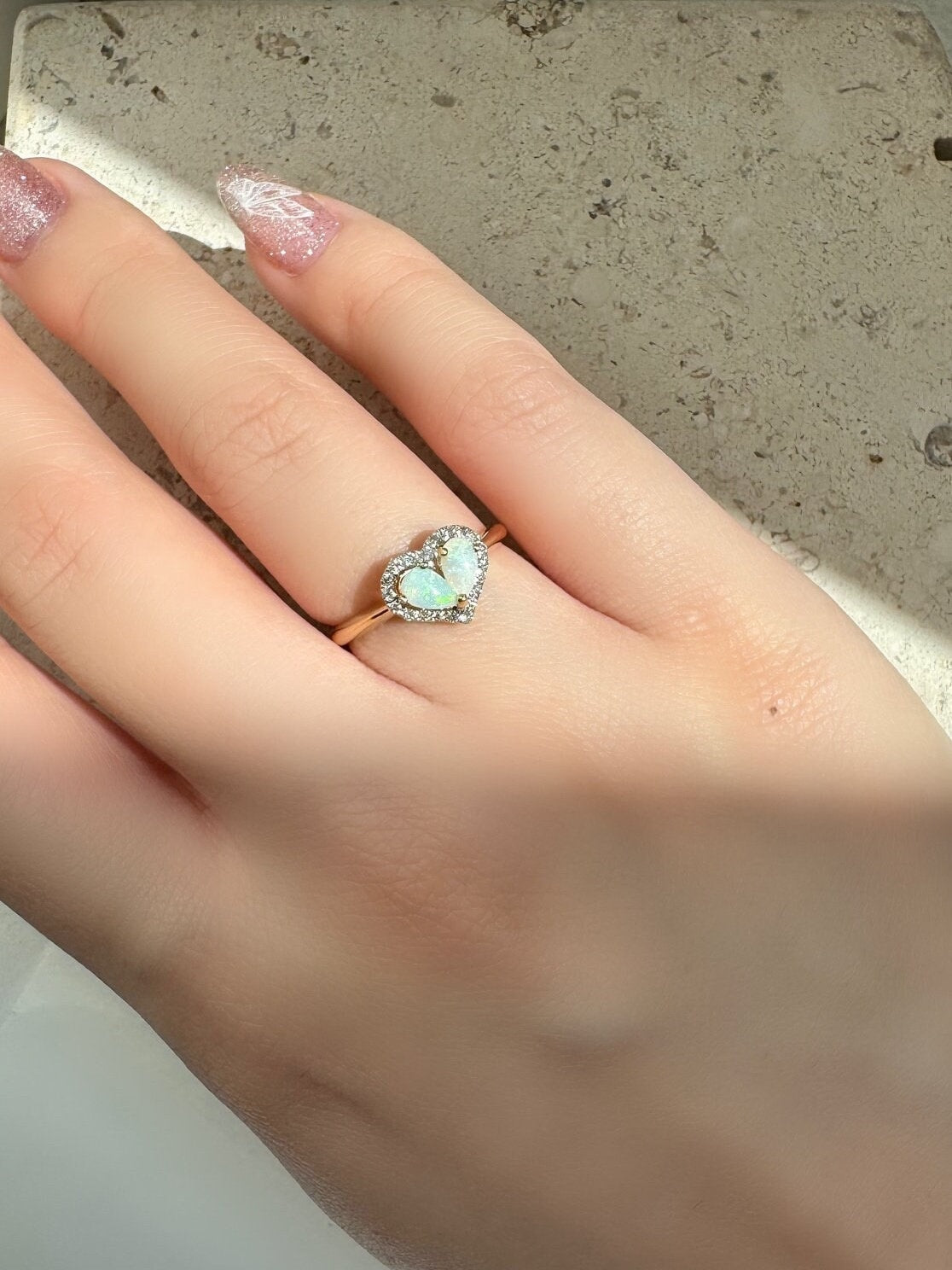 14k Yellow Gold Opal Diamond Heart Ring, Natural Gemstone Engagement Ring