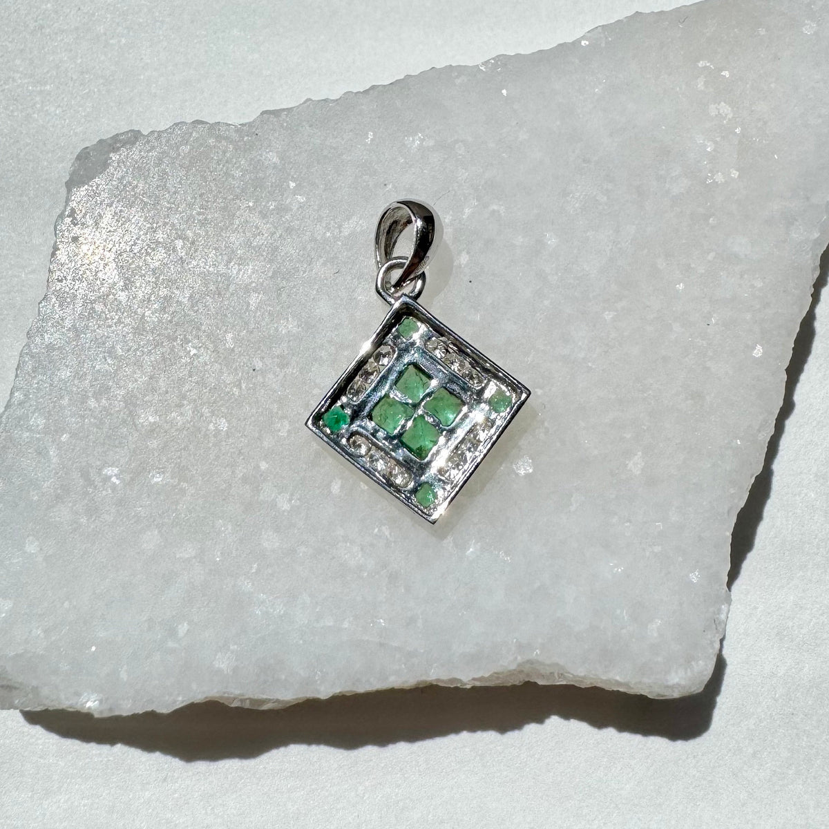 14k Solid Gold Emerald Diamond Cathedral Window Pendant, May Birthstone Jewelry