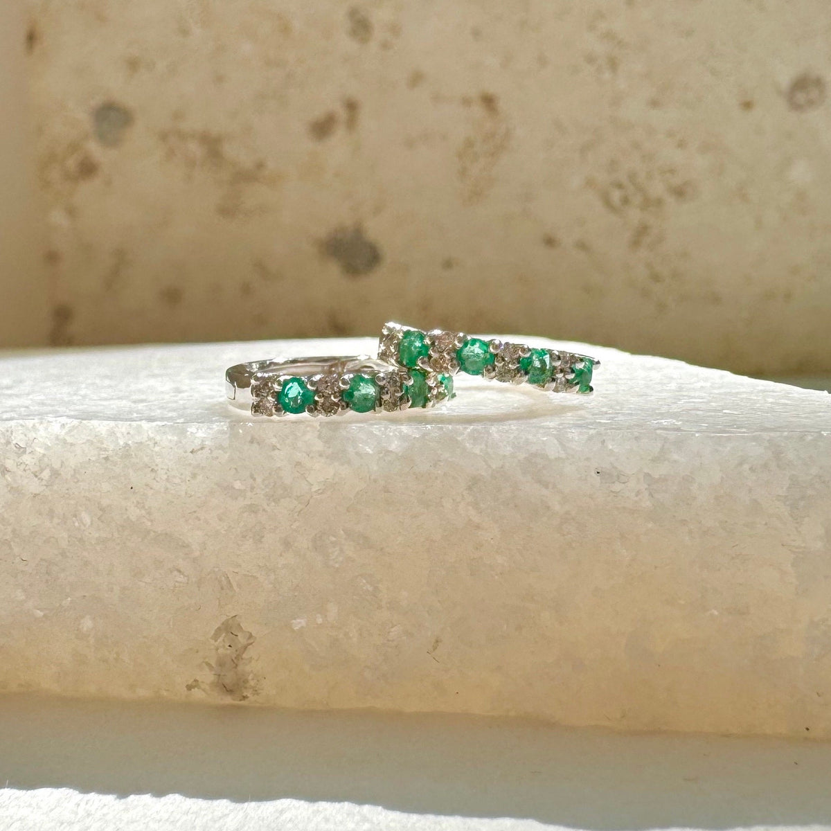 Emerald and Diamond Huggie Hoop Earrings | 14k Solid Gold and 18k Solid White Gold
