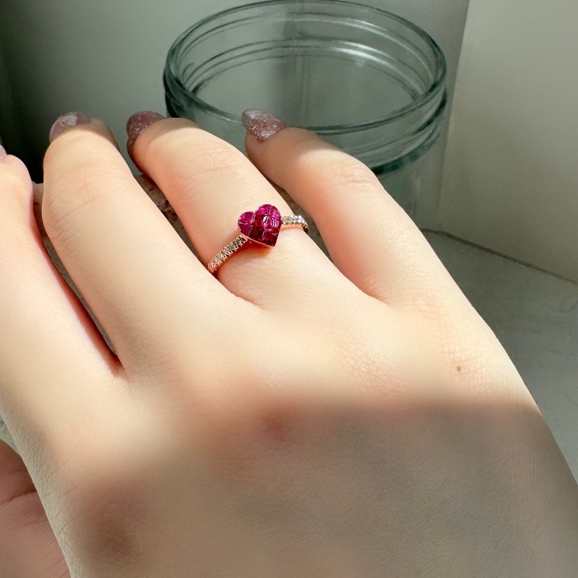 Genuine Ruby and Diamond Pavè Heart Ring｜18k Rose / White Gold