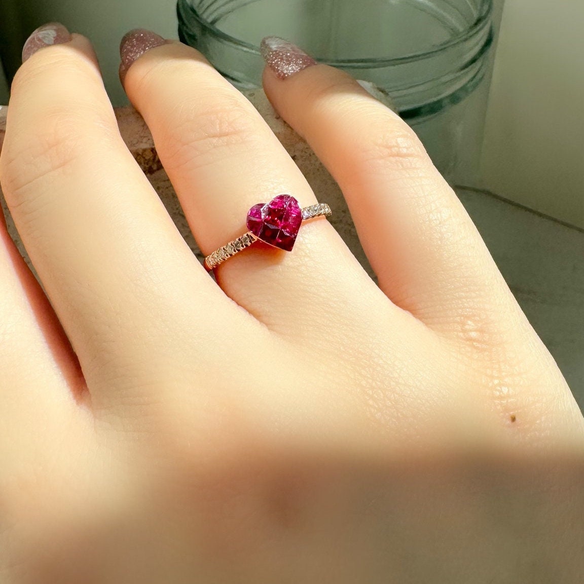 Genuine Ruby and Diamond Pavè Heart Ring｜18k Rose / White Gold