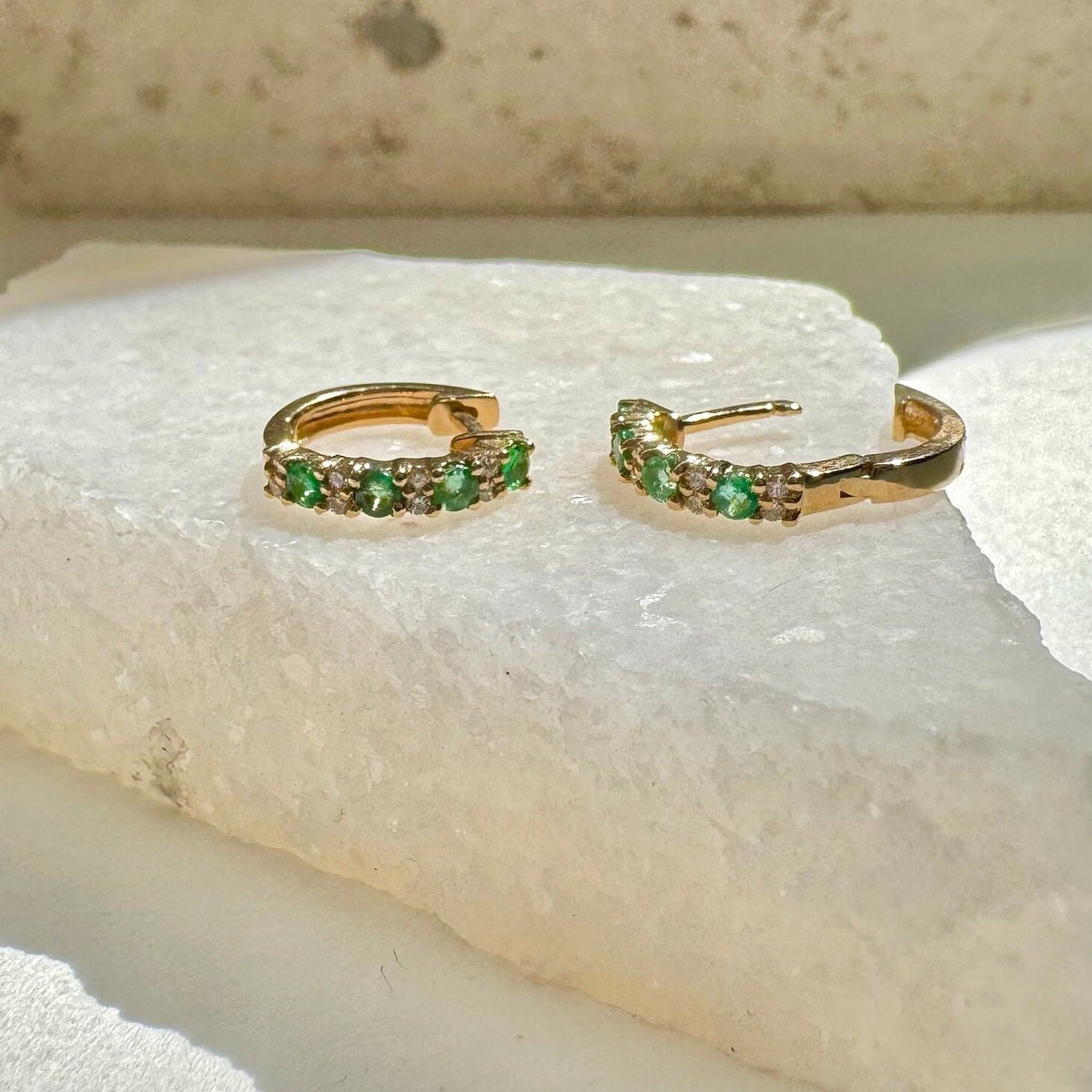 Emerald and Diamond Huggie Hoop Earrings | 14k Solid Gold and 18k Solid White Gold