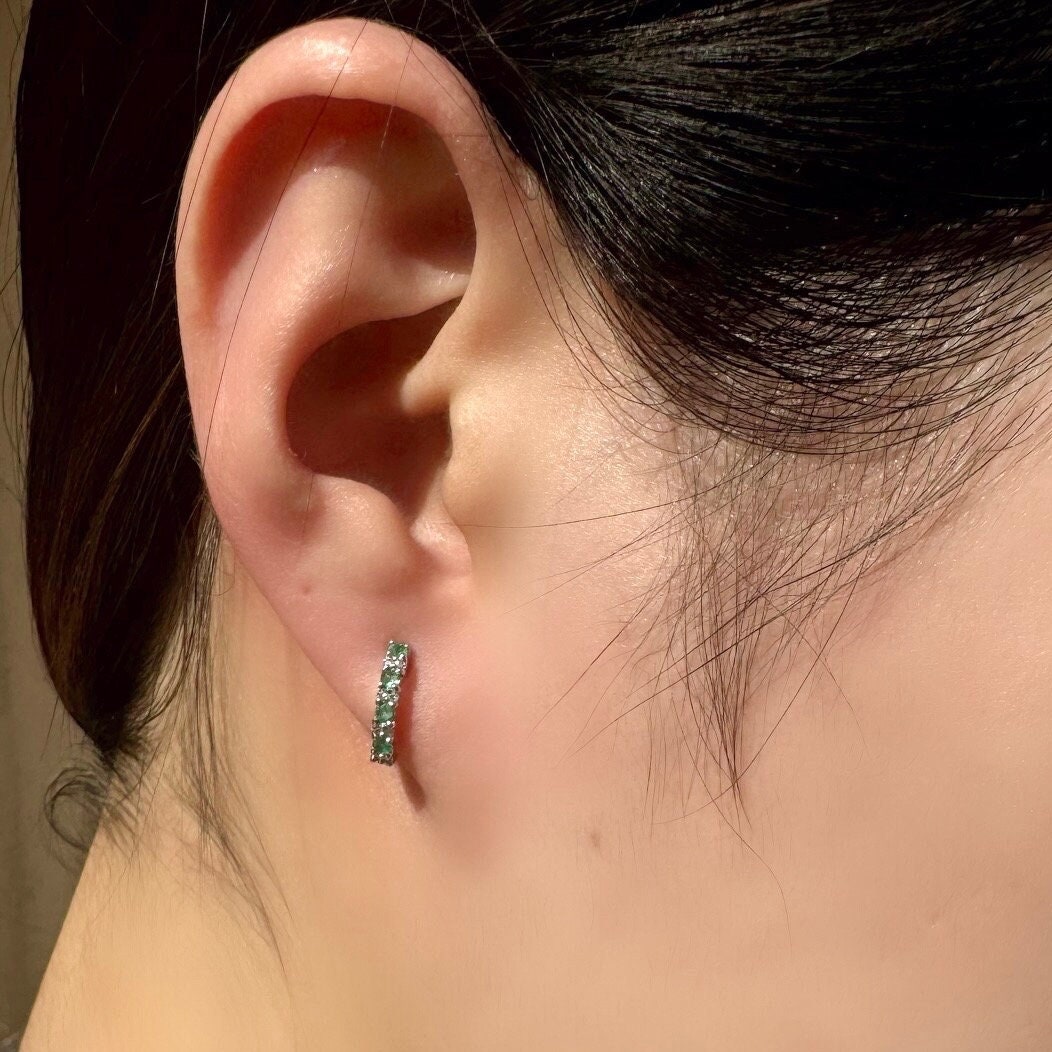 Emerald and Diamond Huggie Hoop Earrings | 14k Solid Gold and 18k Solid White Gold