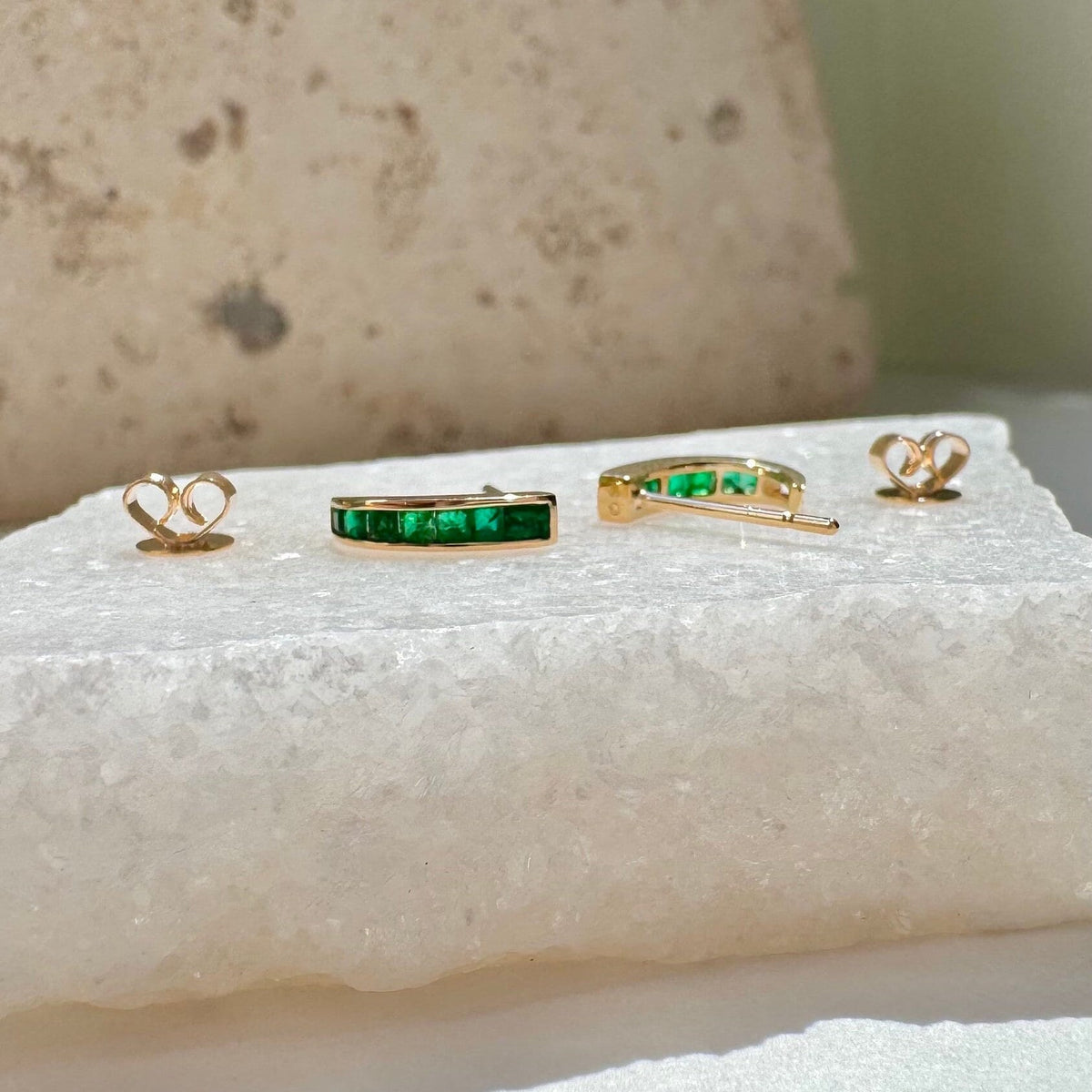Natural Emerald Pavé Half Hoop Earrings, 14k Solid White Gold, May Birthstone Gift