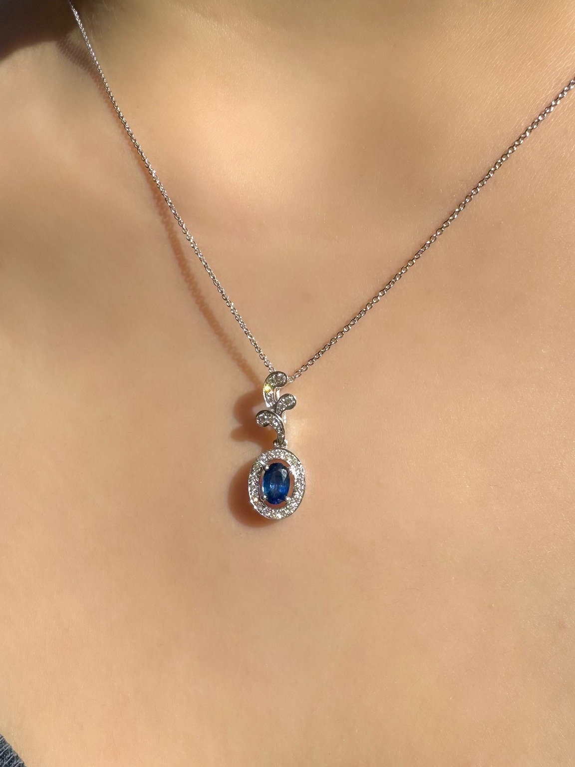 Genuine 6mm Oval Sapphire and Diamond Branch Pendant in 14k Solid Gold