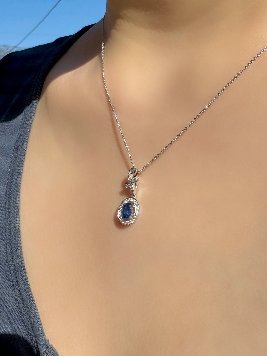 Genuine 6mm Oval Sapphire and Diamond Branch Pendant in 14k Solid Gold