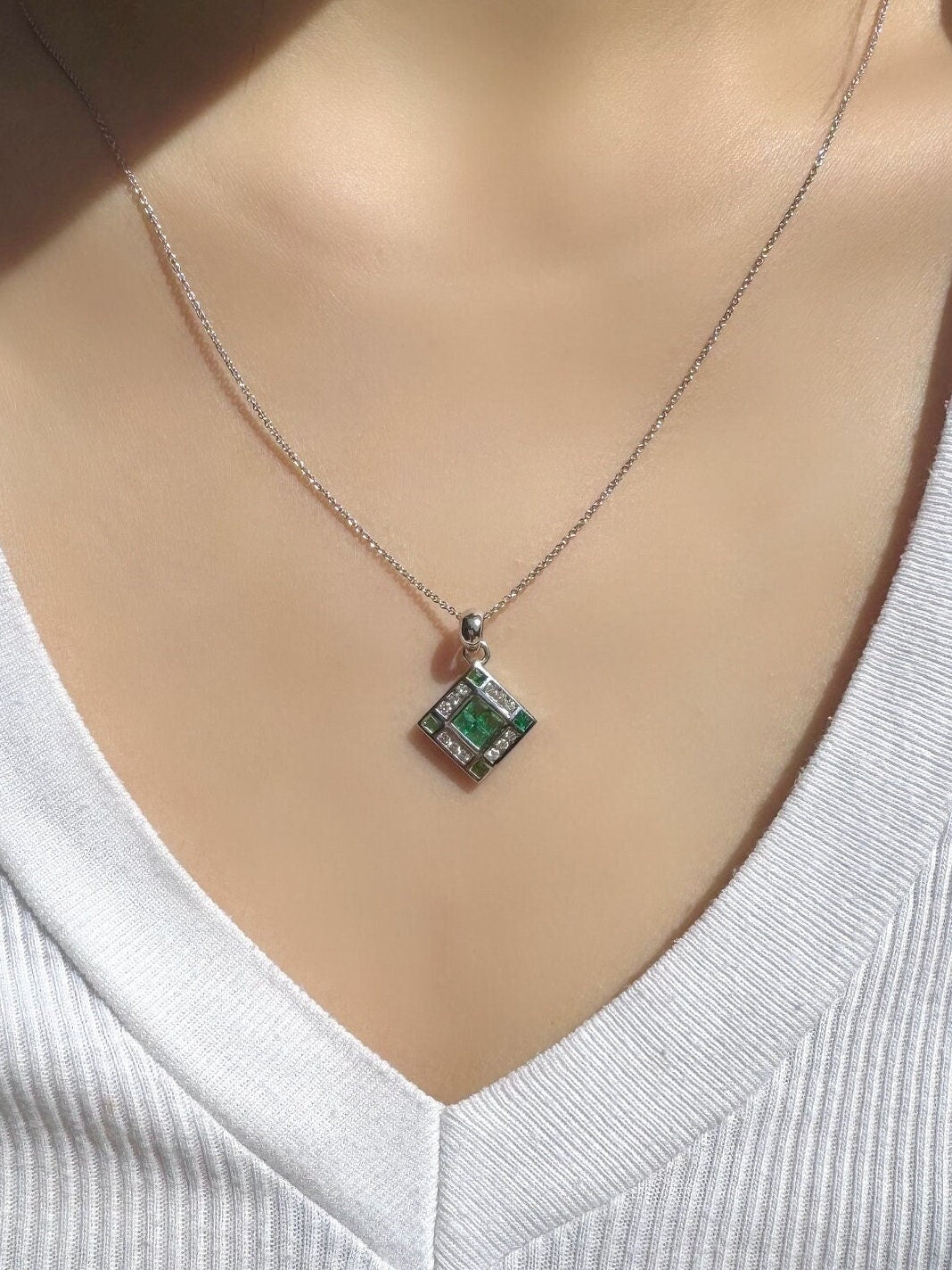 14k Solid Gold Emerald Diamond Cathedral Window Pendant, May Birthstone Jewelry