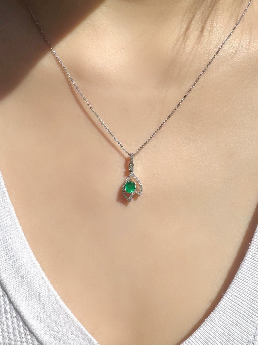 Genuine Emerald and Diamond Oval Cut Leaf Pendant, 18k Solid White Gold, May Birthstone