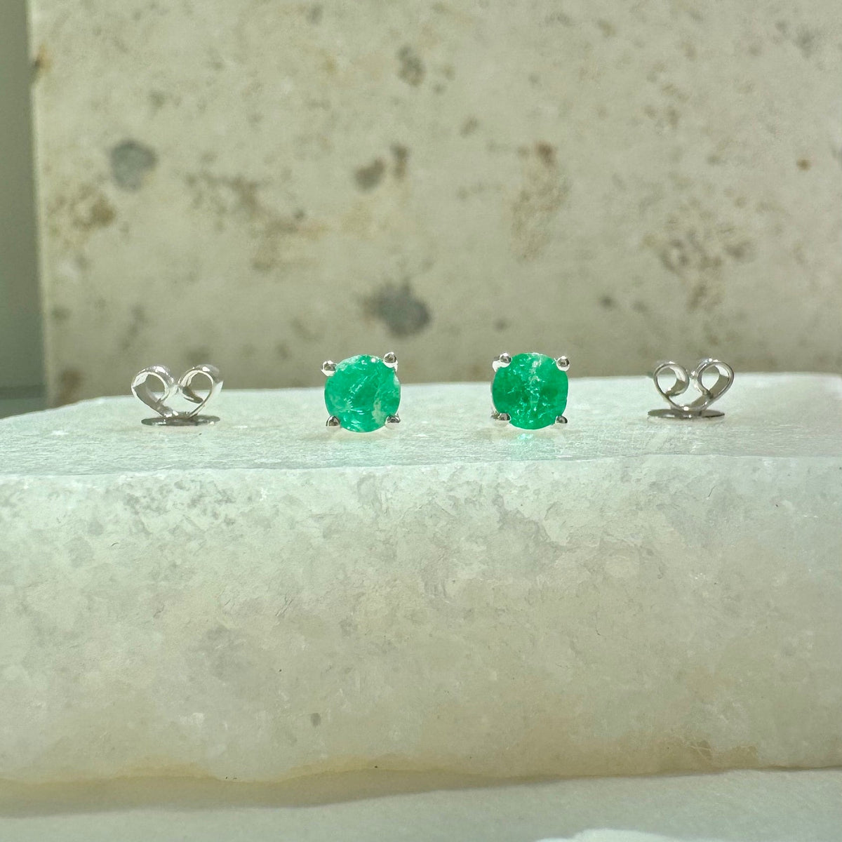 14k Solid Gold Round Cut 4mm Emerald Stud Earrings, May Birthstone Gift