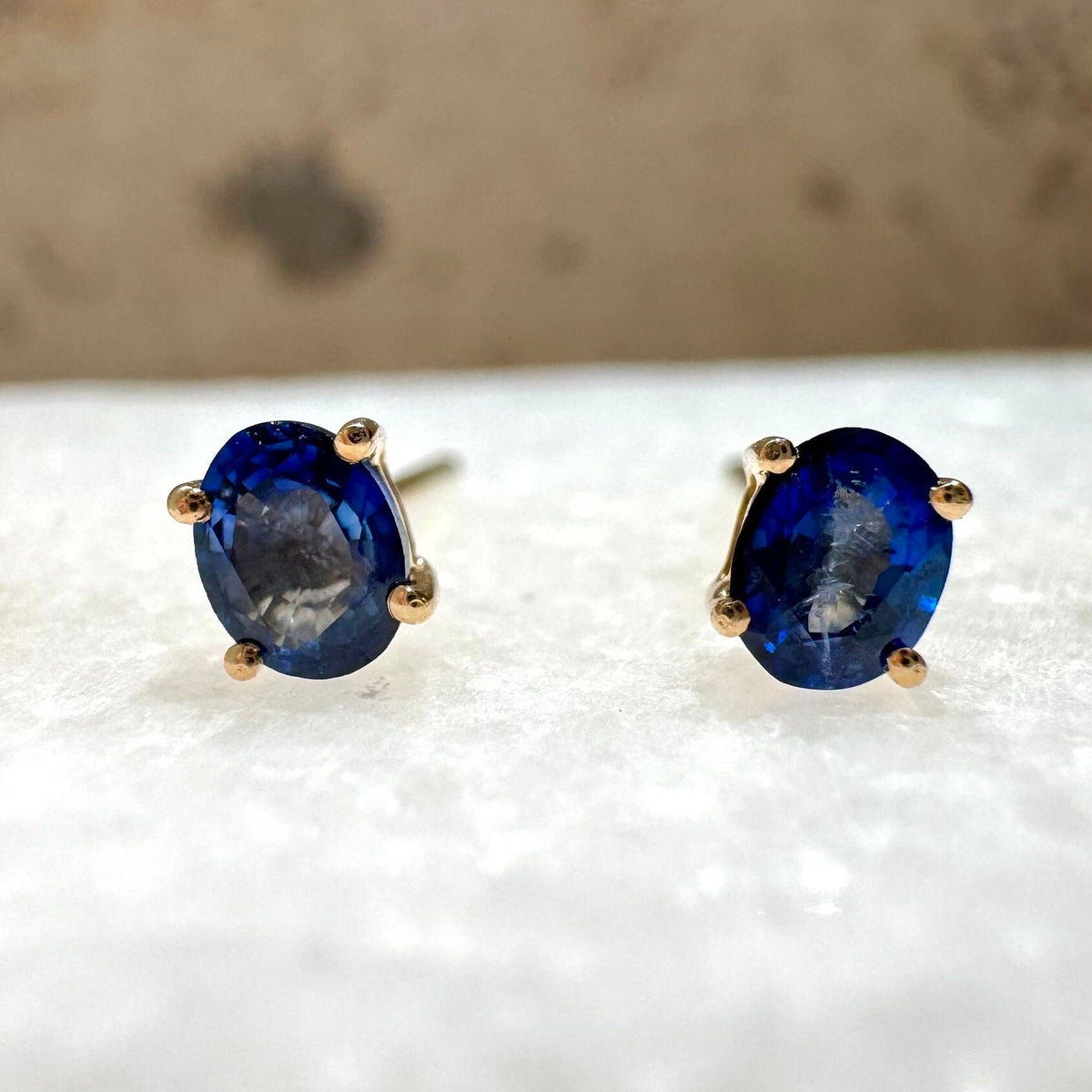 Genuine Sapphire Oval Cut Stud Earrings / 14K Solid Gold