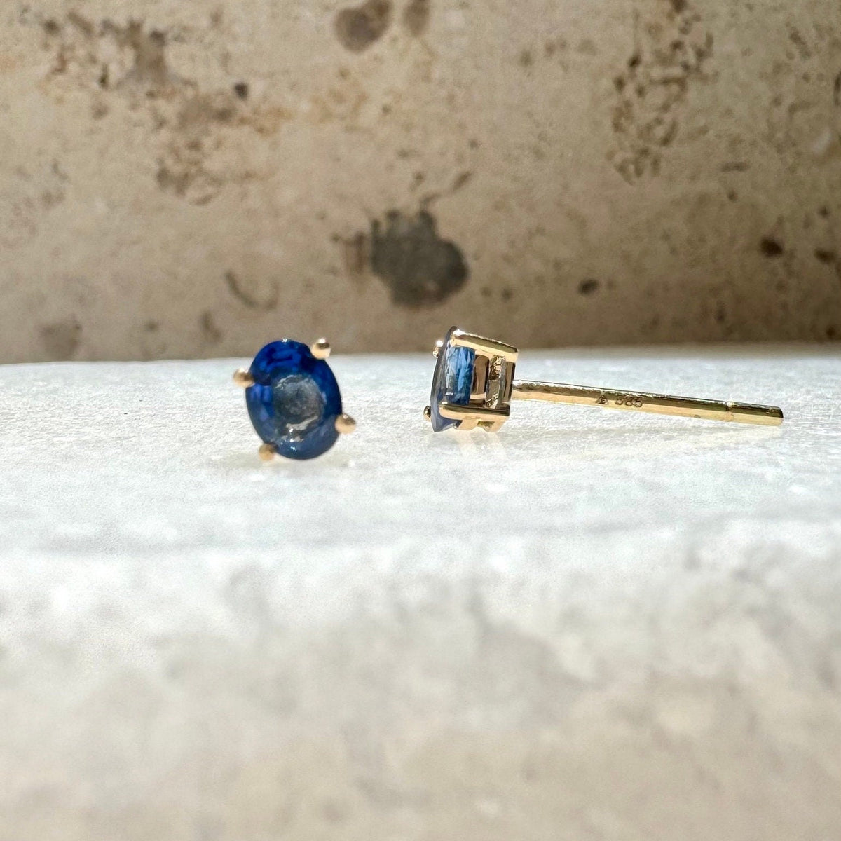 Genuine Sapphire Oval Cut Stud Earrings / 14K Solid Gold