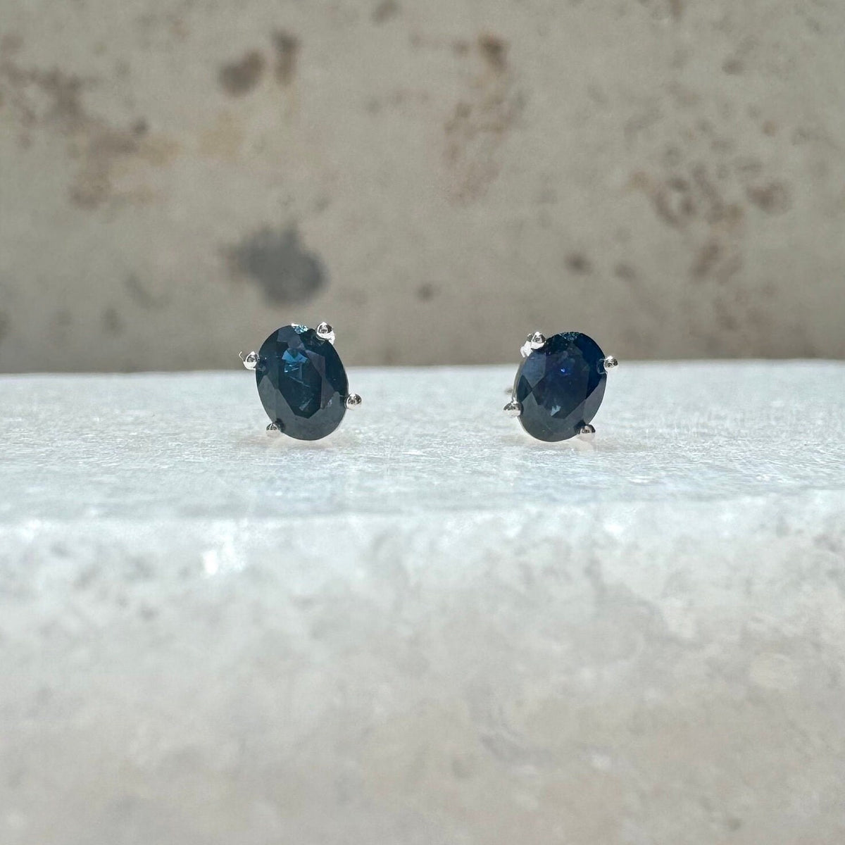 Genuine Sapphire Oval Cut Stud Earrings / 14K Solid Gold