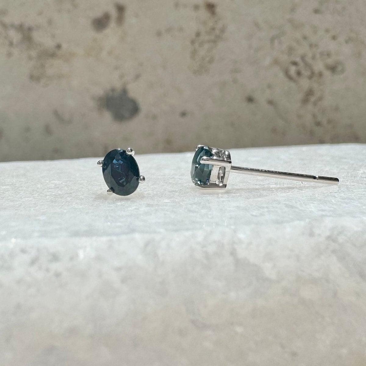 Genuine Sapphire Oval Cut Stud Earrings / 14K Solid Gold