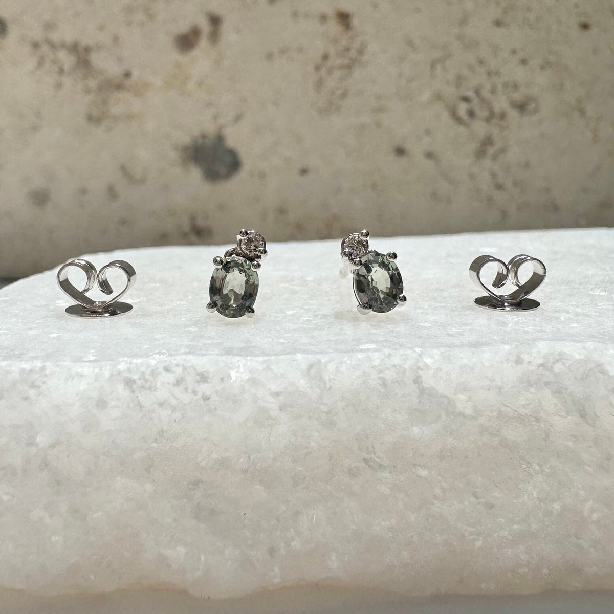 18k White Gold Oval Green Sapphire Stud Earrings, Moveable Diamond, September Birthstone