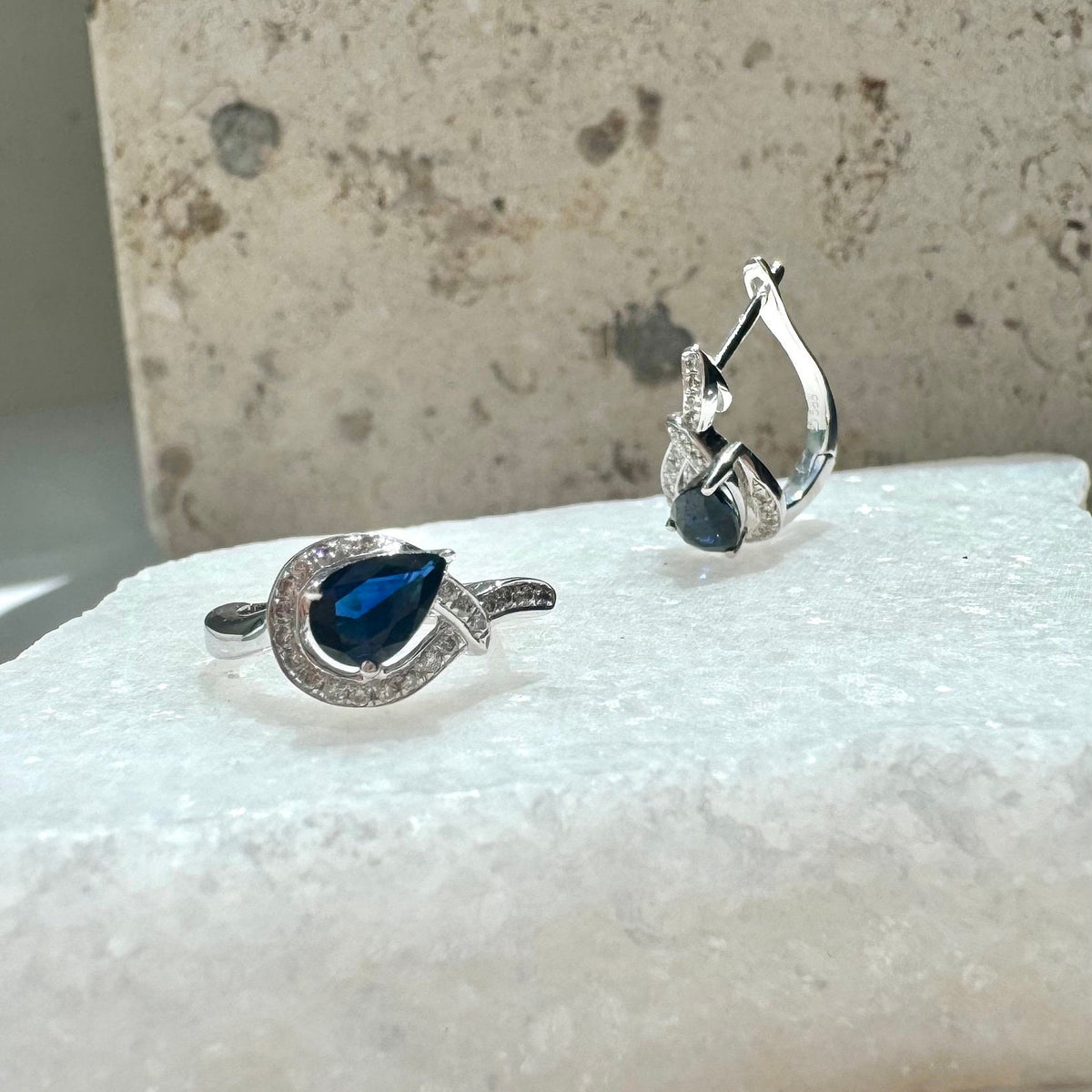 14k Solid White Gold Teardrop Hoop Earrings, Sapphire & Diamond, September Birthstone Gift