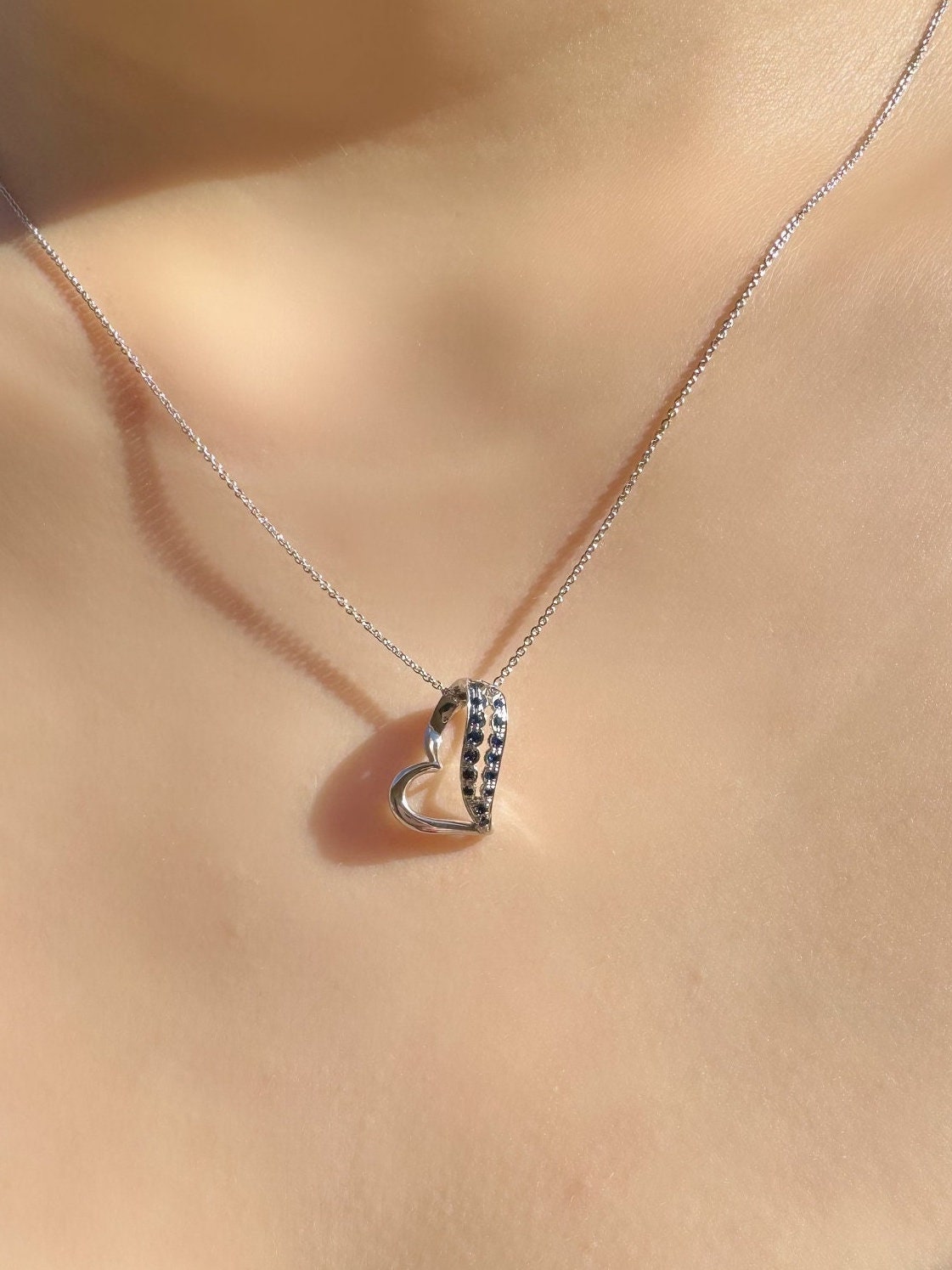 Genuine Sapphire Heart Dangle Pendant in 14k Solid Gold