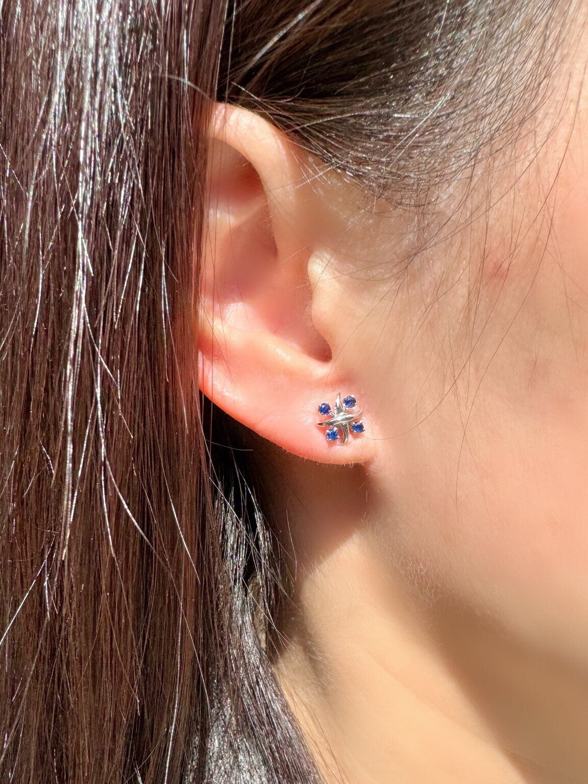 Genuine Sapphire Stud Earrings in 14k Solid White Gold