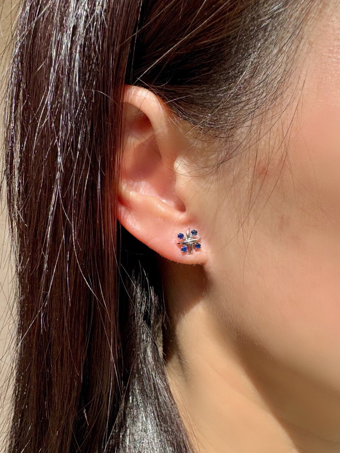 Genuine Sapphire Stud Earrings in 14k Solid White Gold