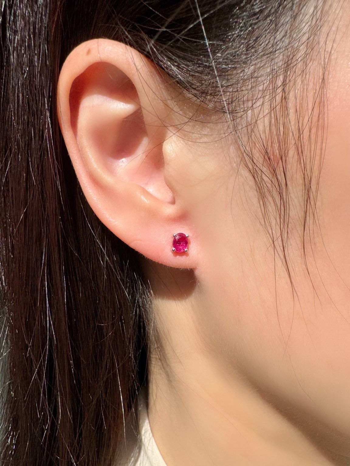 Genuine Ruby Oval Cut Solitaire Stud Earrings, 14k Solid White Gold, July Birthstone, Gift for Her