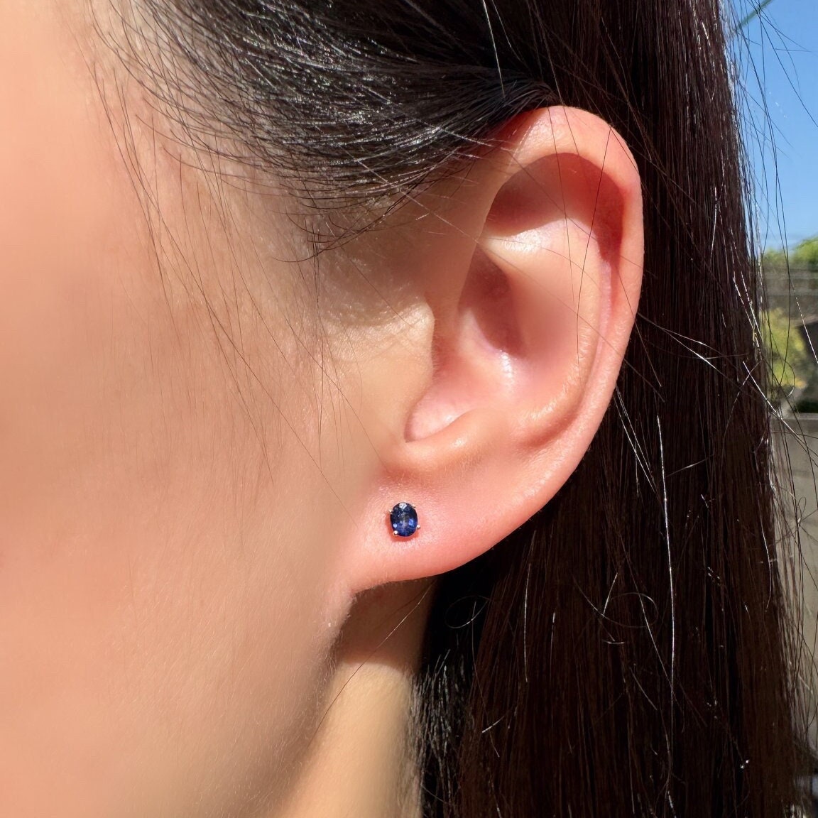 Genuine Sapphire Oval Cut Stud Earrings / 14K Solid Gold