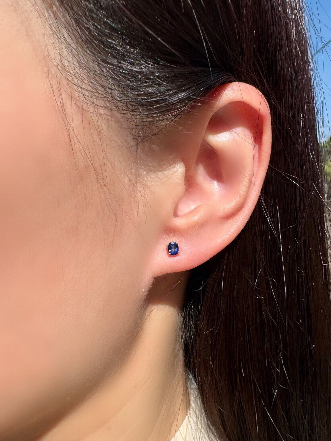 Genuine Sapphire Oval Cut Stud Earrings / 14K Solid Gold