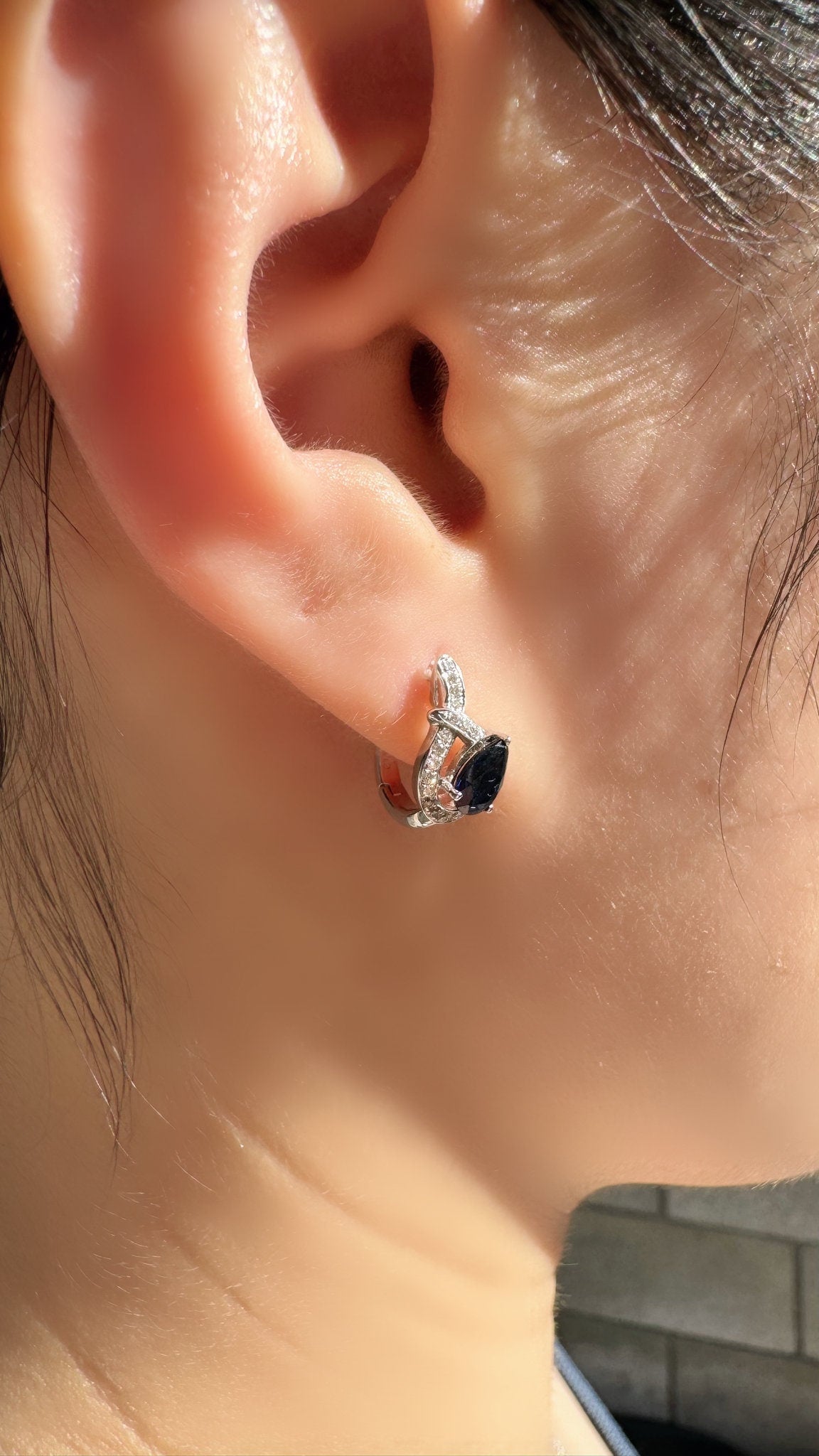 14k Solid White Gold Teardrop Hoop Earrings, Sapphire & Diamond, September Birthstone Gift