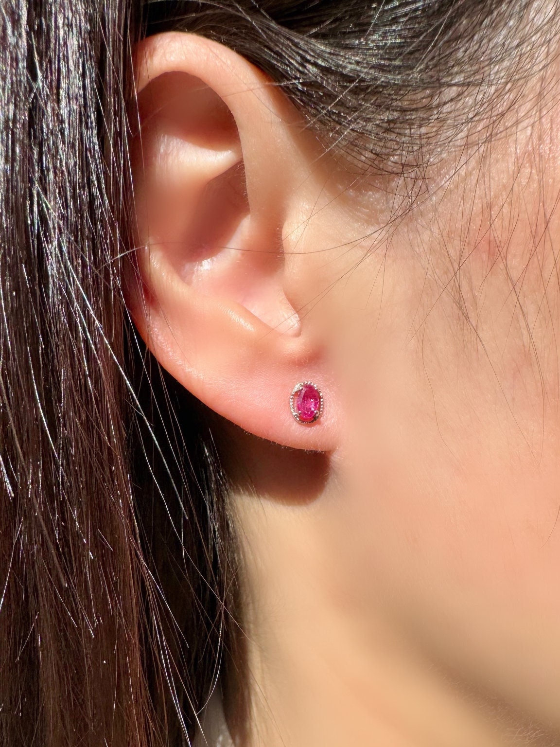 Genuine Oval Cut Ruby Halo Stud Earrings, 14k Solid White Gold, July Birthstone