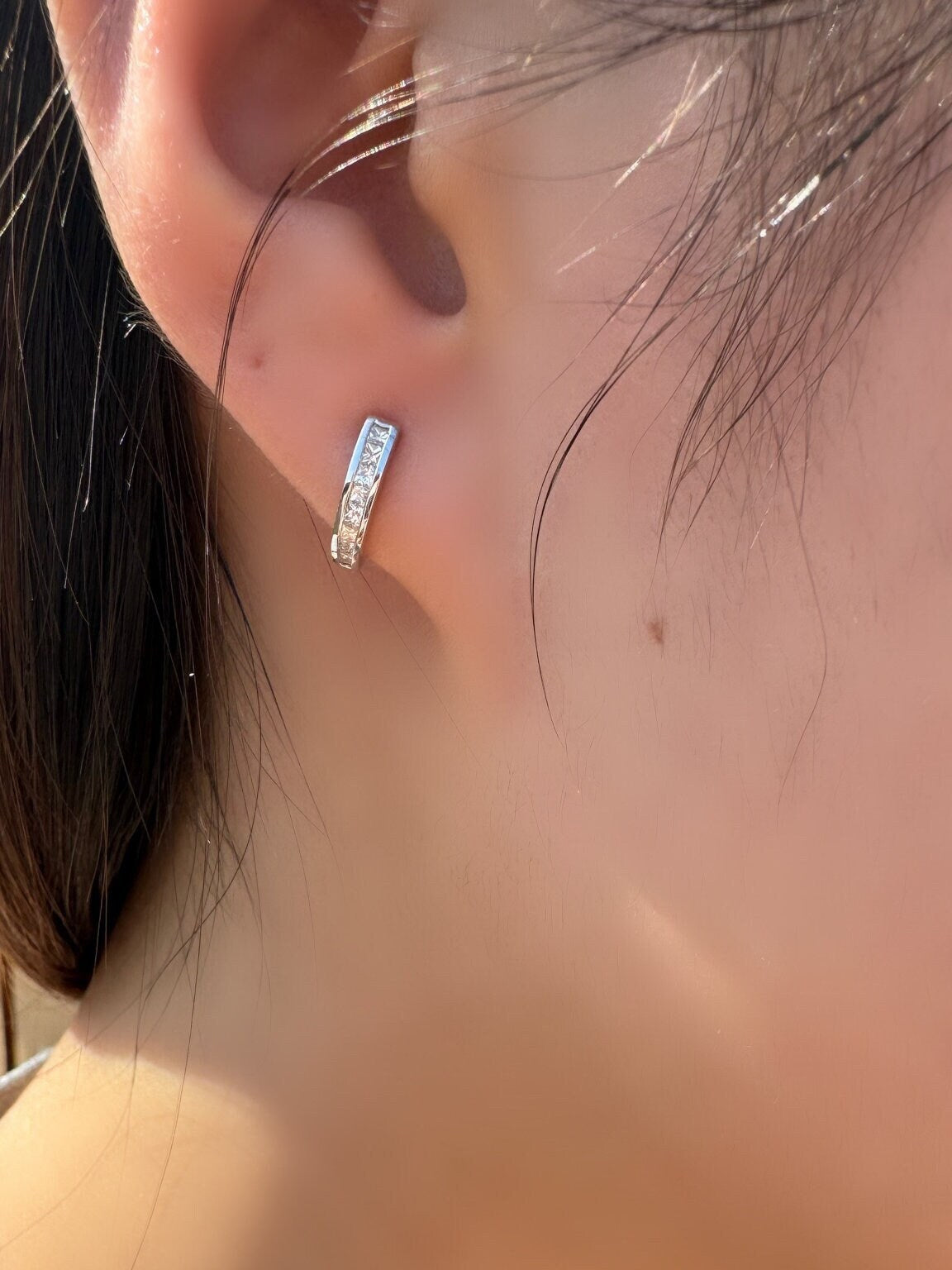 Natural Diamond Pavé Half Hoop Earrings, 14k Solid White Gold, April Birthstone Gift