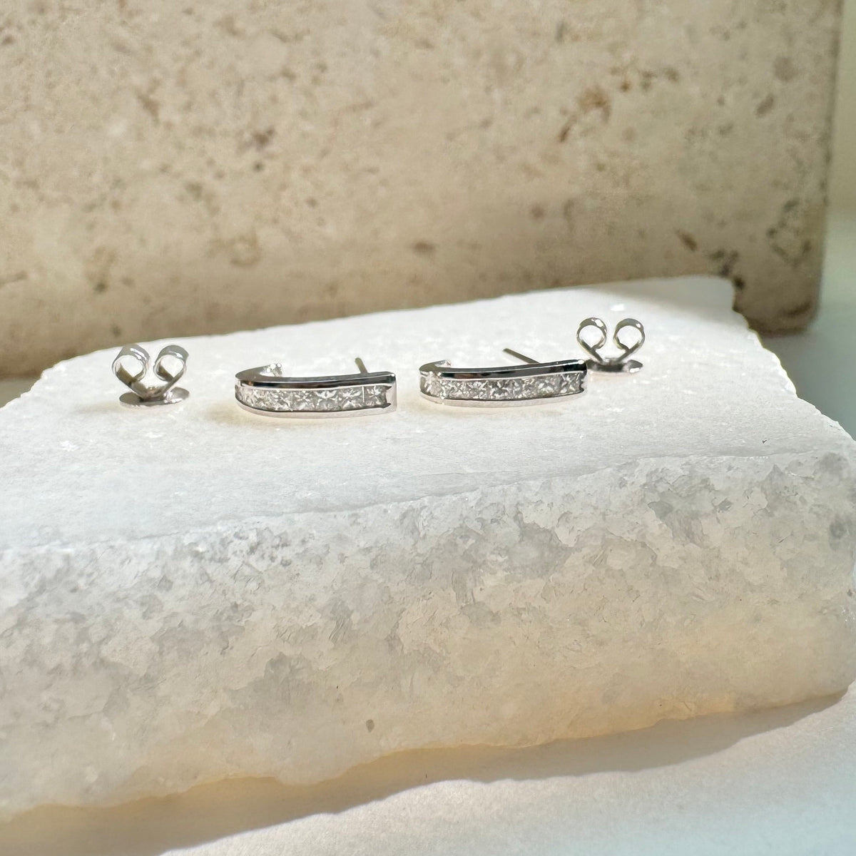 Natural Diamond Pavé Half Hoop Earrings, 14k Solid White Gold, April Birthstone Gift