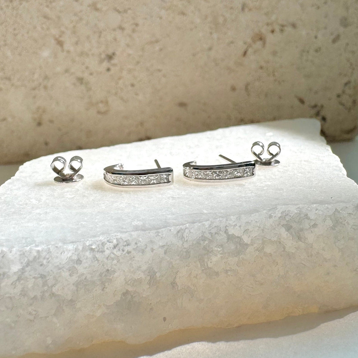 Natural Diamond Pavé Half Hoop Earrings, 14k Solid White Gold, April Birthstone Gift
