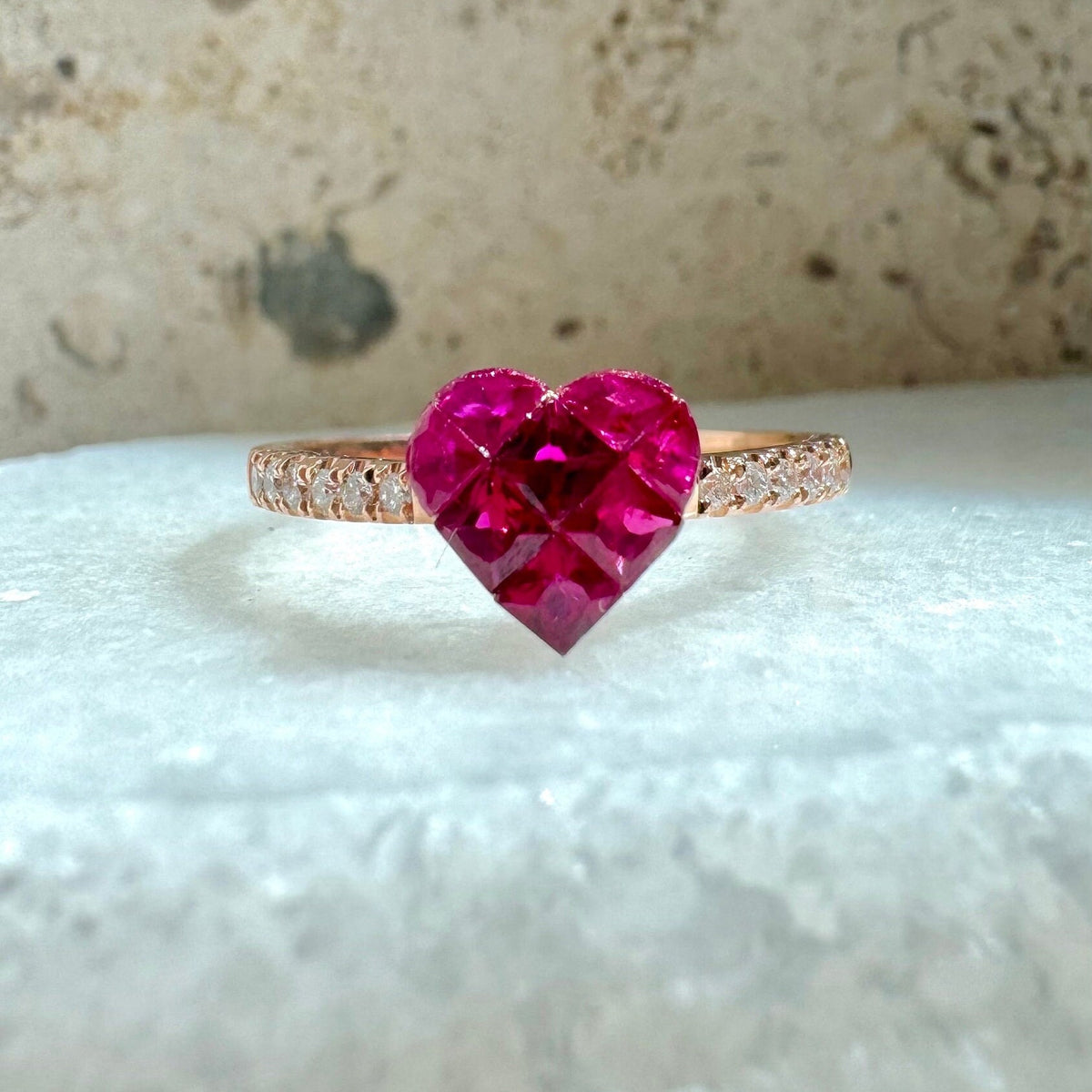 Genuine Ruby and Diamond Pavè Heart Ring｜18k Rose / White Gold