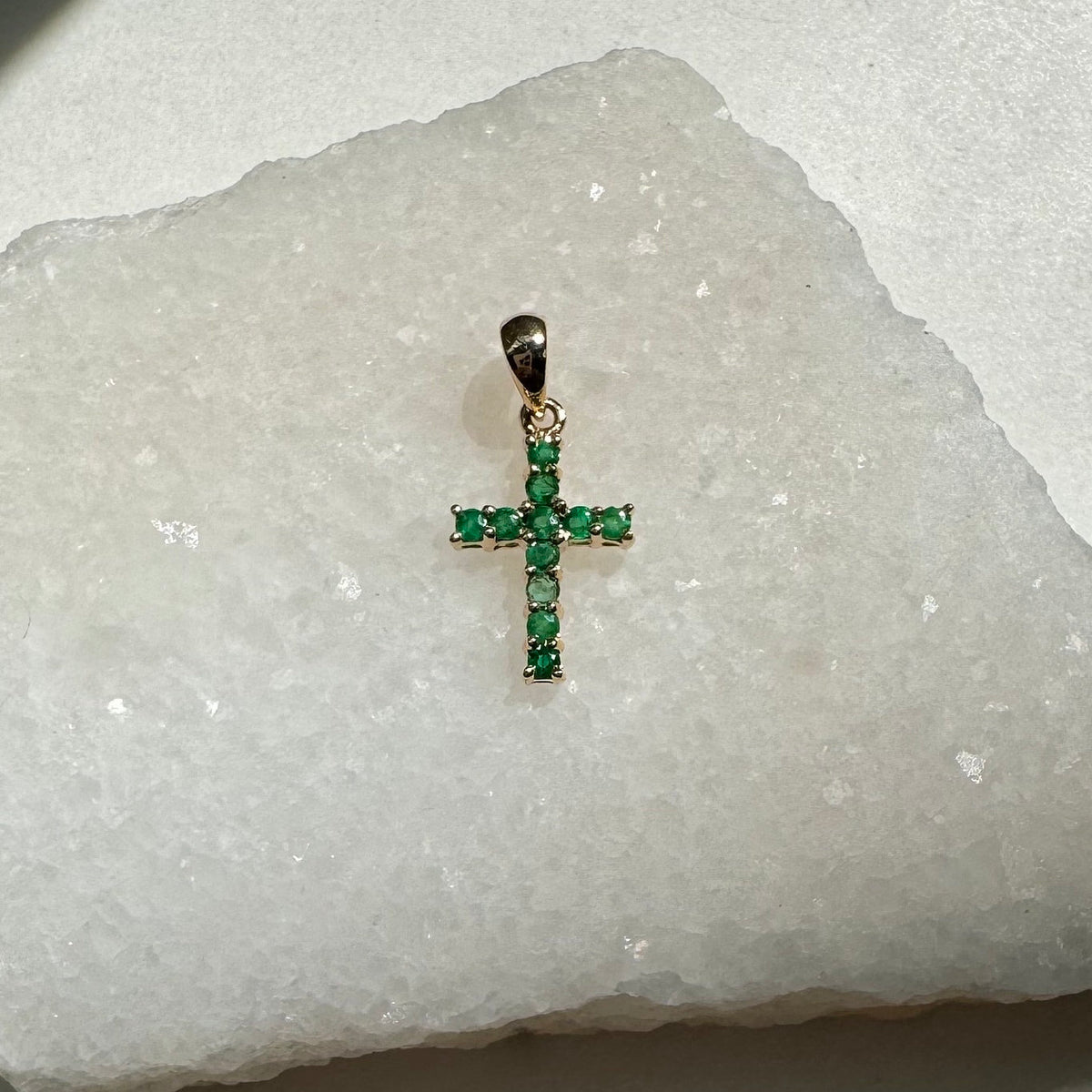 Genuine Emerald Cross Pendant (Mini) / 14k Solid Gold