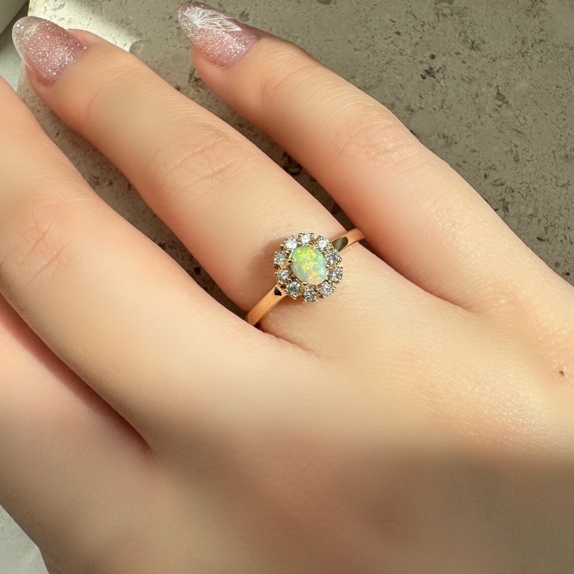 Oval Opal Diamond Halo Ring, 14k Solid Yellow Gold, October Birthstone, Opal Engagement Ring