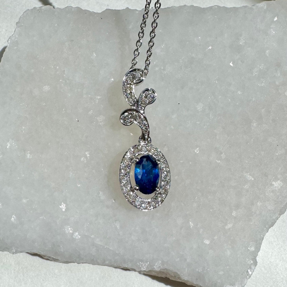 Genuine 6mm Oval Sapphire and Diamond Branch Pendant in 14k Solid Gold
