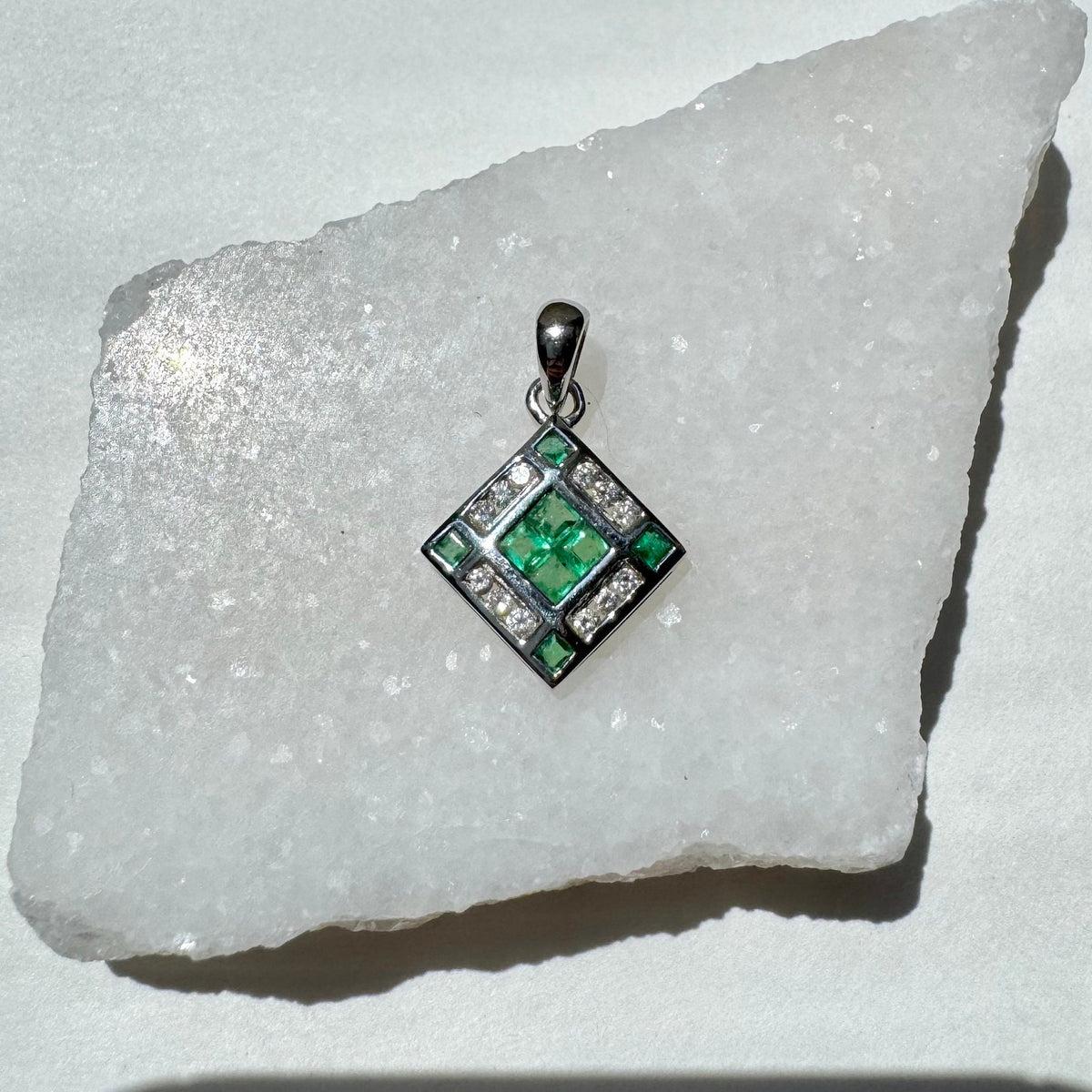 14k Solid Gold Emerald Diamond Cathedral Window Pendant, May Birthstone Jewelry
