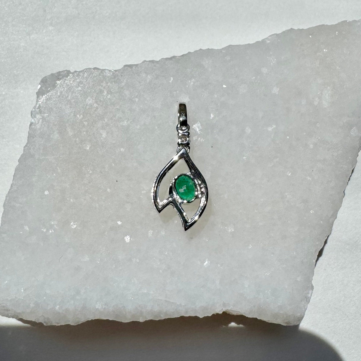 Genuine Emerald and Diamond Oval Cut Leaf Pendant, 18k Solid White Gold, May Birthstone