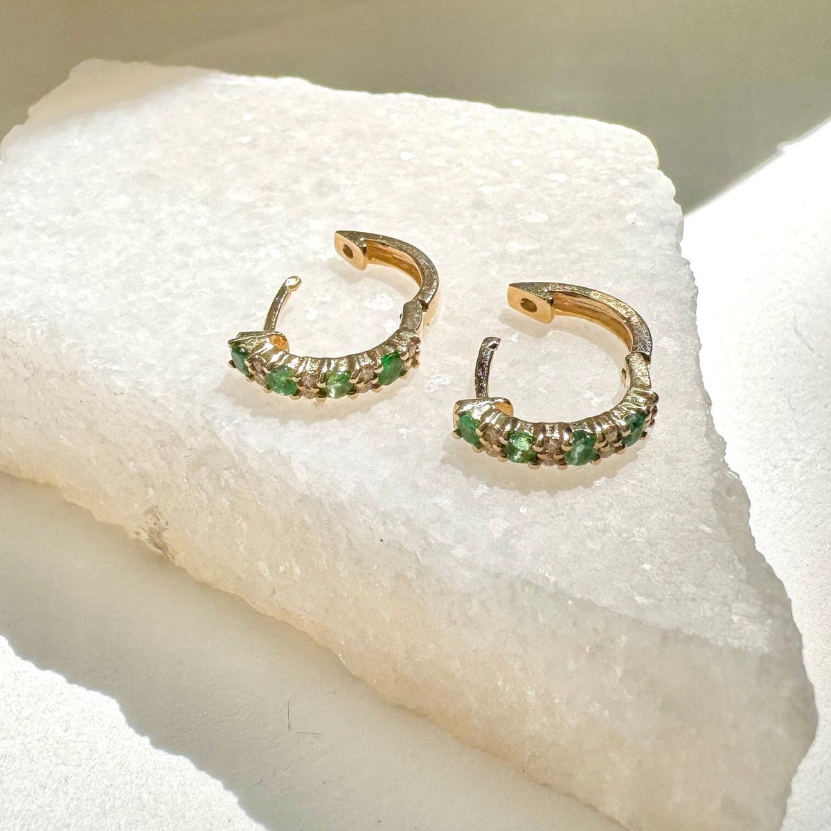 Emerald and Diamond Huggie Hoop Earrings | 14k Solid Gold and 18k Solid White Gold
