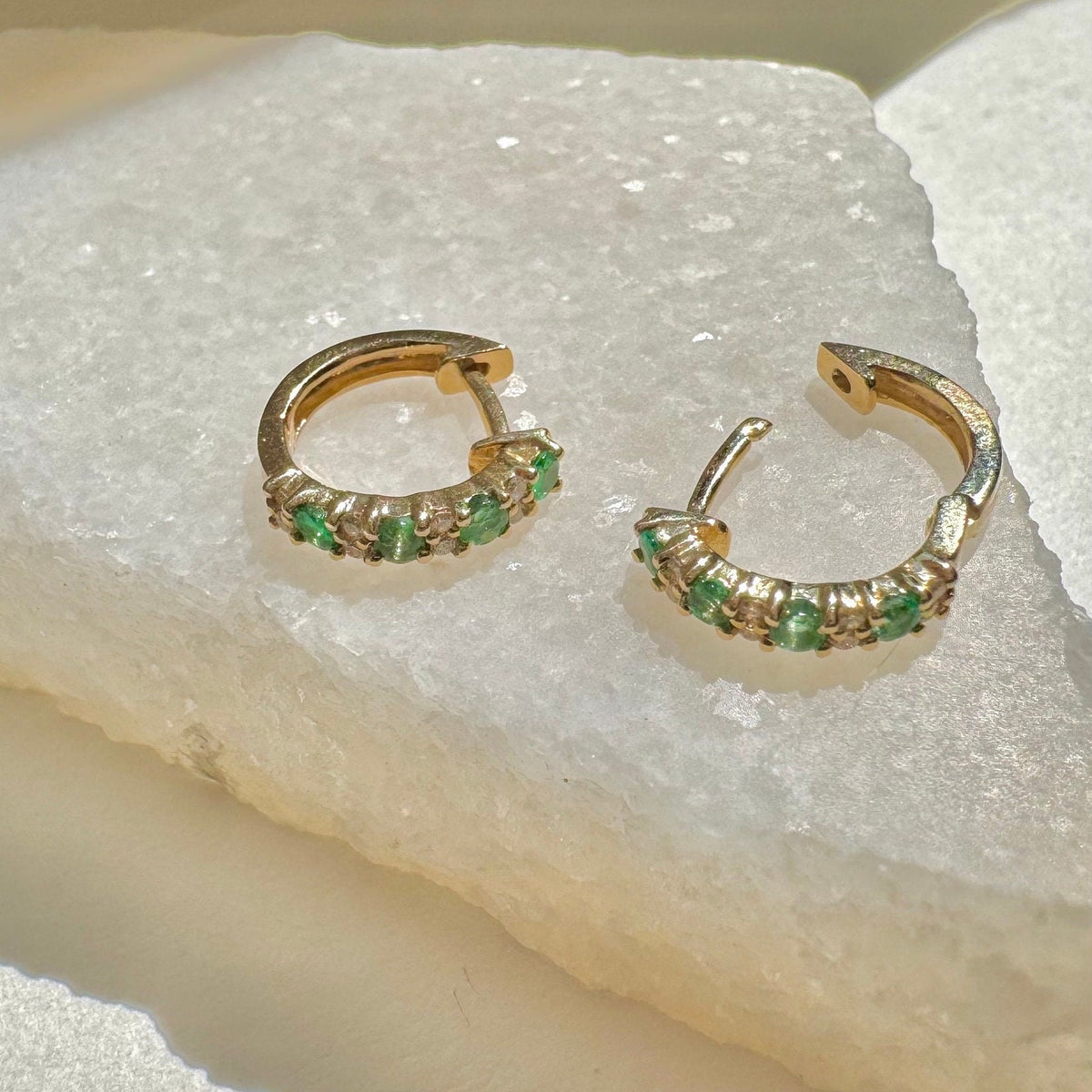 Emerald and Diamond Huggie Hoop Earrings | 14k Solid Gold and 18k Solid White Gold