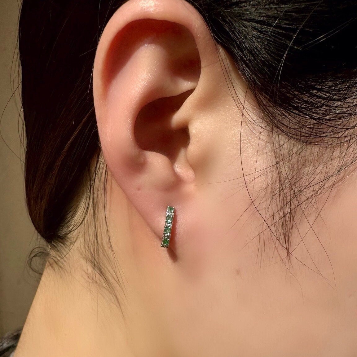 Emerald and Diamond Huggie Hoop Earrings | 14k Solid Gold and 18k Solid White Gold