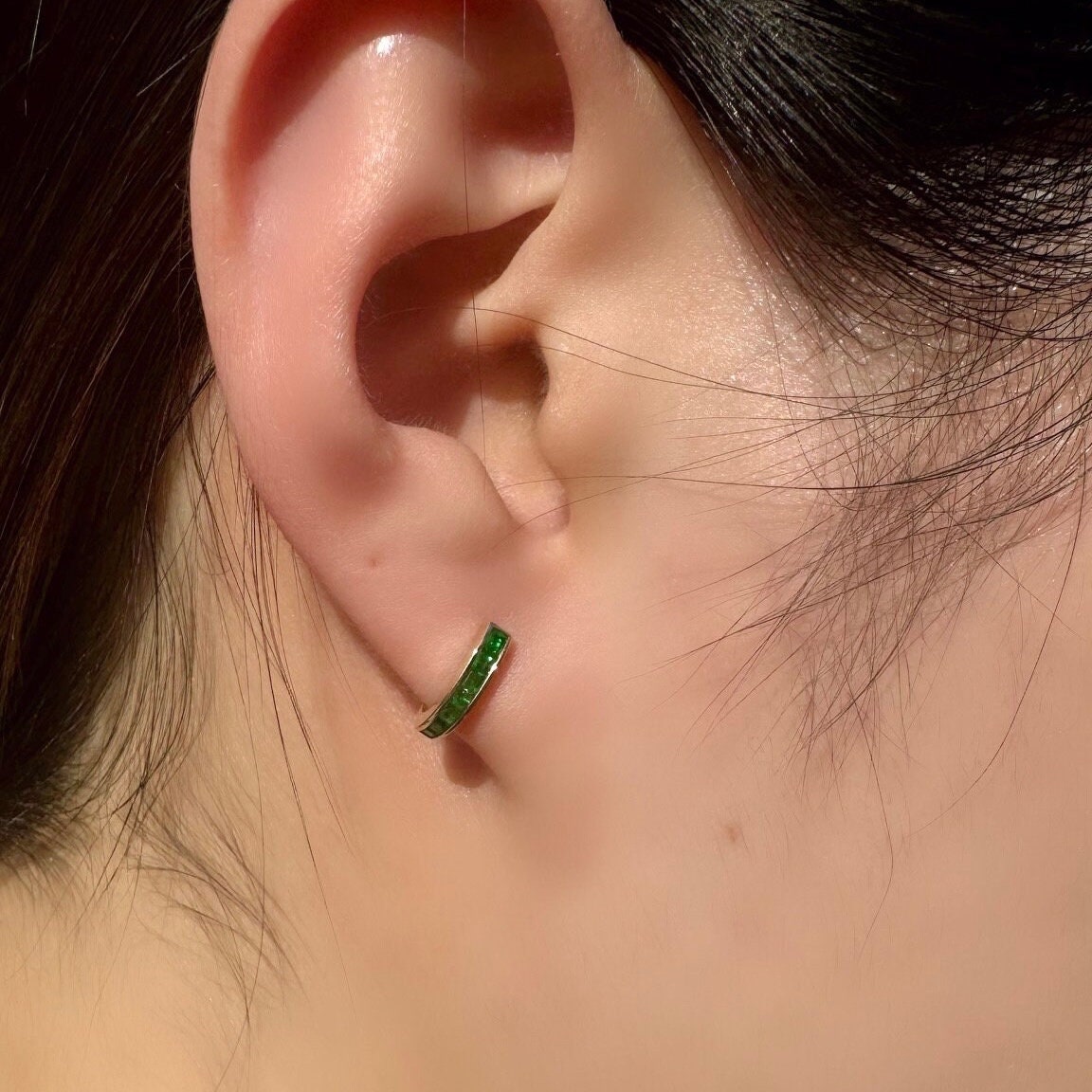 Natural Emerald Pavé Half Hoop Earrings, 14k Solid White Gold, May Birthstone Gift