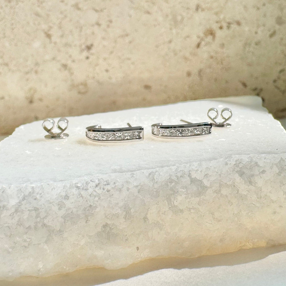 Natural Diamond Pavé Half Hoop Earrings, 14k Solid White Gold, April Birthstone Gift