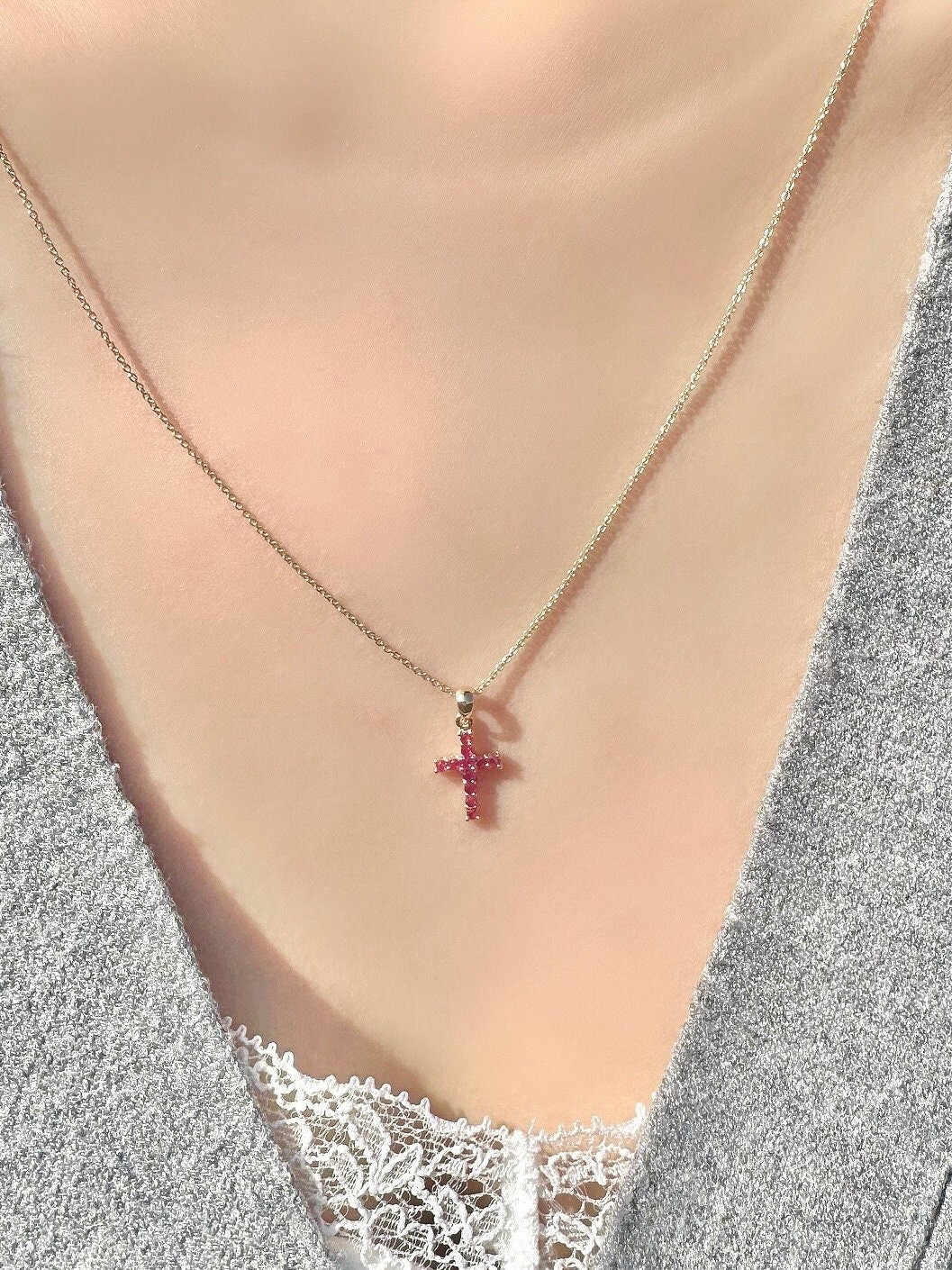 Genuine Ruby Cross Pendant (Mini) | 14k Solid Gold