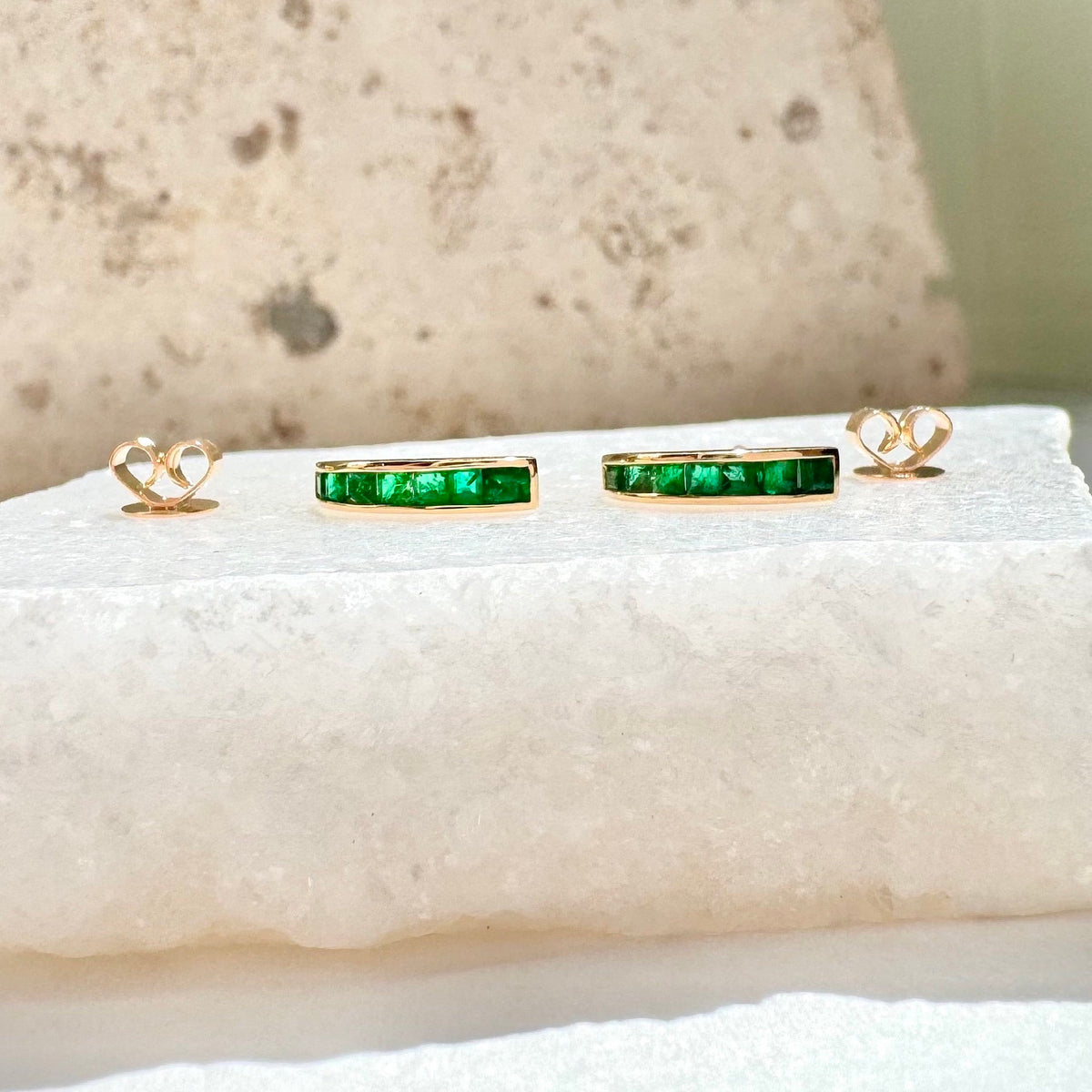 Natural Emerald Pavé Half Hoop Earrings, 14k Solid White Gold, May Birthstone Gift