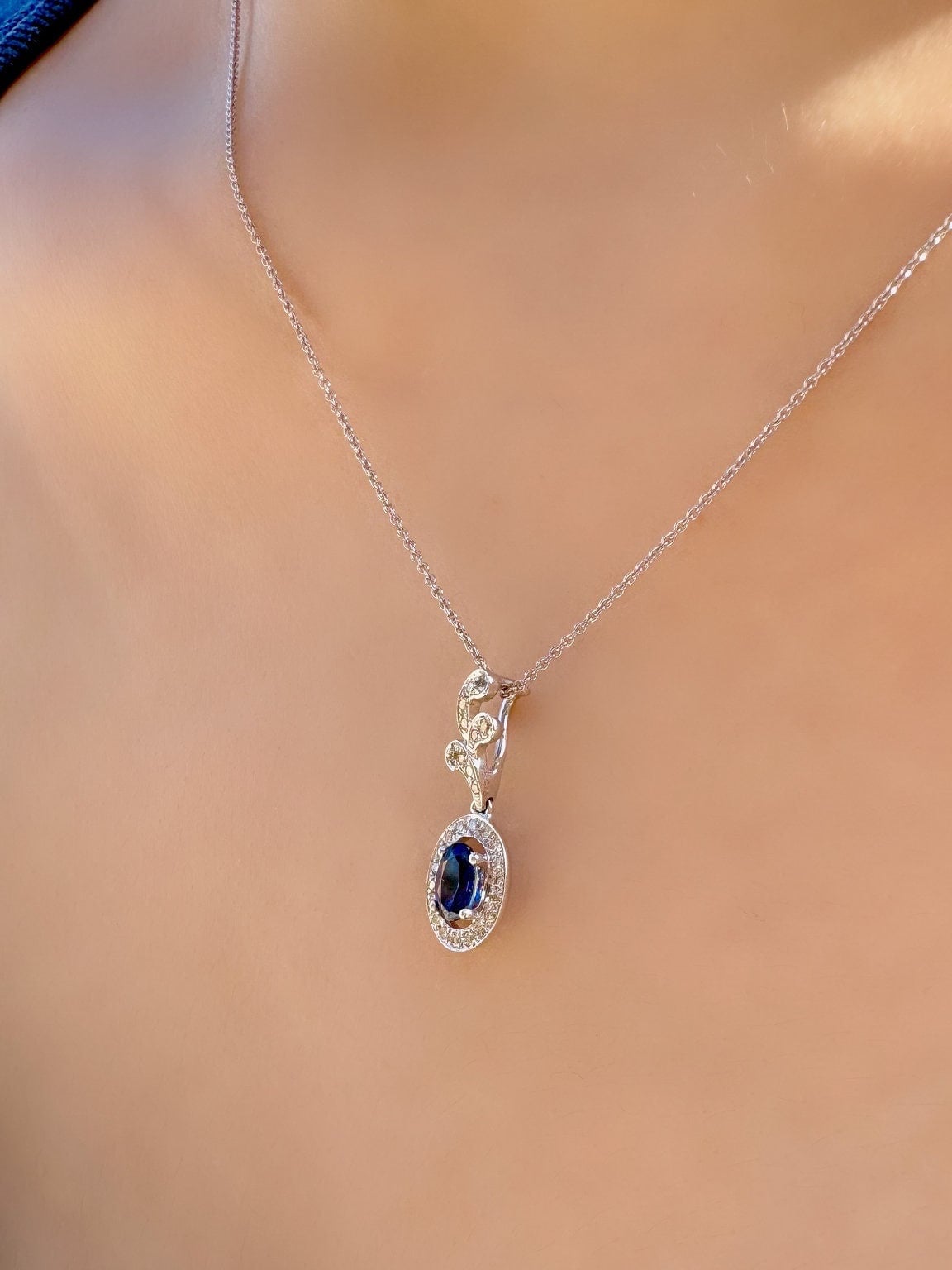 Genuine 6mm Oval Sapphire and Diamond Branch Pendant in 14k Solid Gold