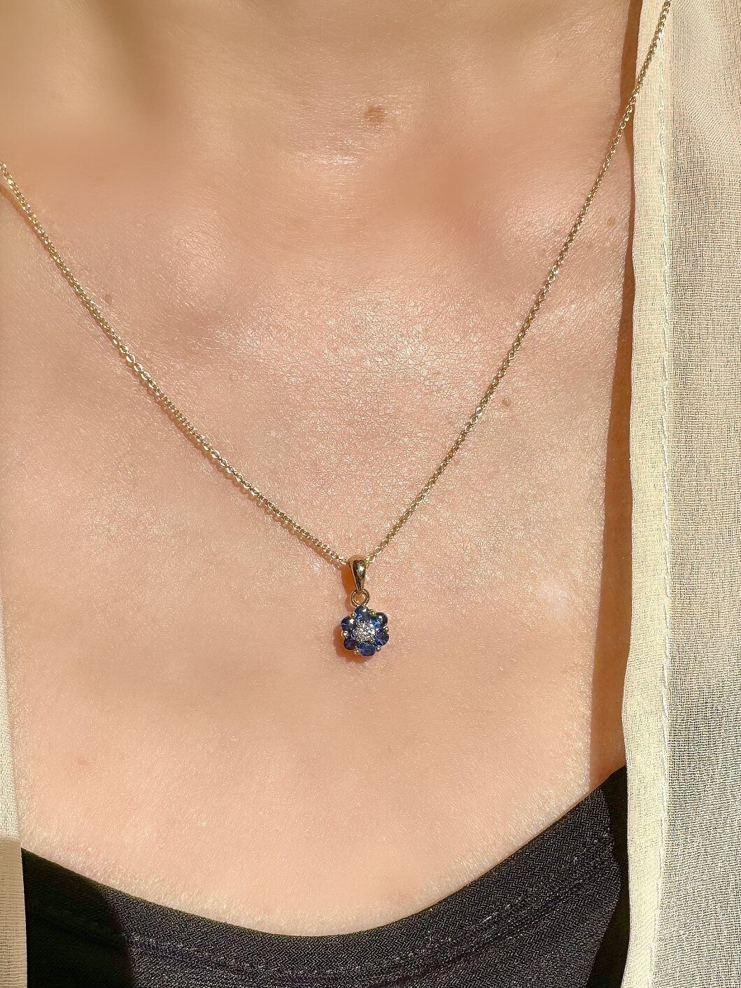 Genuine Sapphire and Diamond Flower Pendant, 14k Solid Gold, September Birthstone, Gift for Her