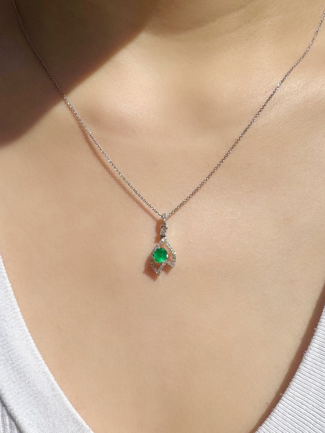 Genuine Emerald and Diamond Oval Cut Leaf Pendant, 18k Solid White Gold, May Birthstone