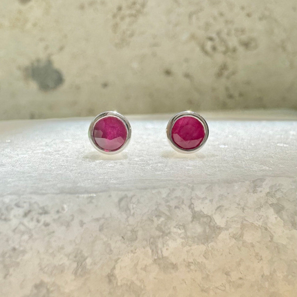 14k Solid Gold Ruby Bezel Stud Earrings, 4.5mm Round, July Birthstone