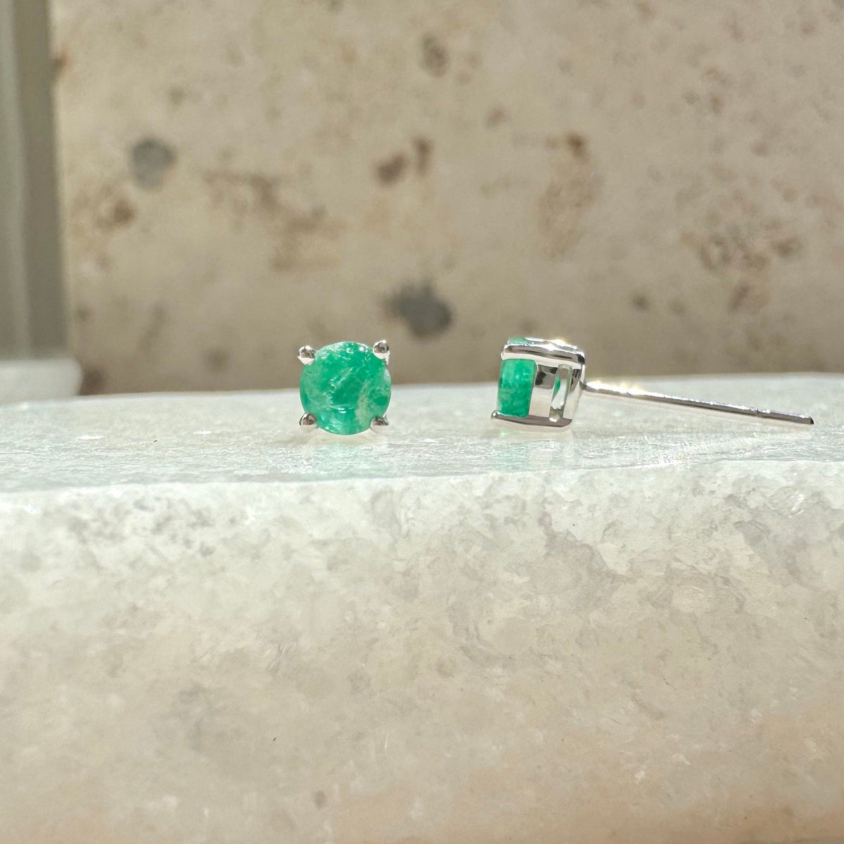14k Solid Gold Round Cut 4mm Emerald Stud Earrings, May Birthstone Gift