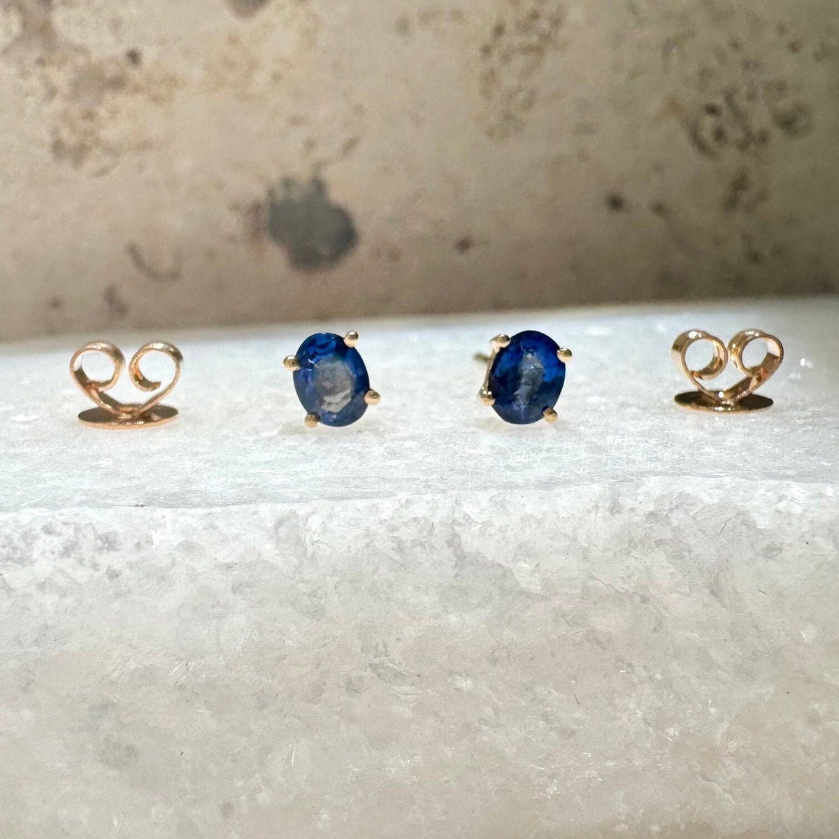 Genuine Sapphire Oval Cut Stud Earrings / 14K Solid Gold